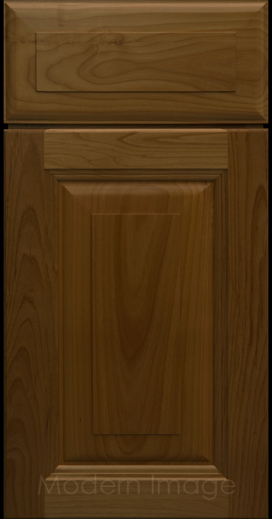 Durango raised panel cabinet door in a Cognac stain featuring a stepped molded frame.